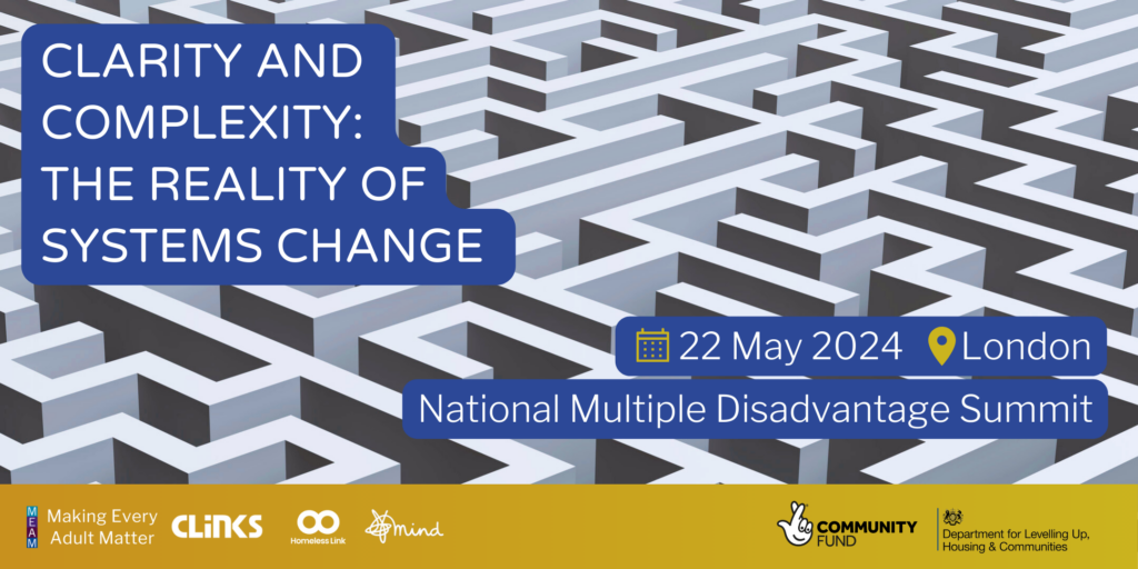 Promotional graphic that reads: Clarity and complexity: the reality of systems change. National Multiple Disadvantage Summit, 22 May 2022, London.